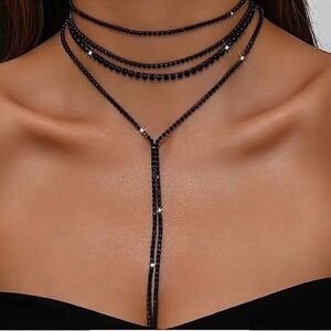 Black Crystal Y Lariat Choker Rhinestone Drop Tassel Necklace New Years